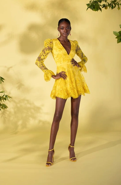 Helsi Lily Sequin & Lace Long Sleeve Minidress In Canary Yellow