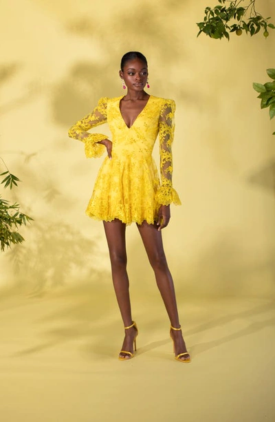 Helsi Lily Sequin & Lace Long Sleeve Minidress In Canary Yellow