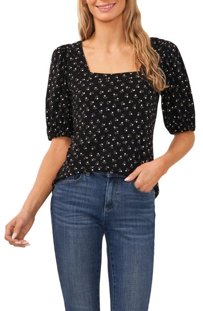 Shop Cece Floral Square Neck Puff Sleeve Top In Rich Black