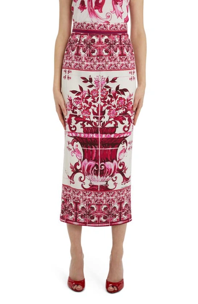 Shop Dolce & Gabbana Majolica Stretch Silk Midi Skirt In Rose/ White