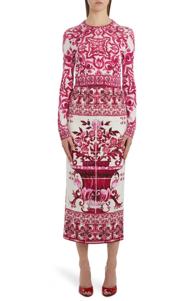 Shop Dolce & Gabbana Majolica Stretch Silk Midi Skirt In Rose/ White