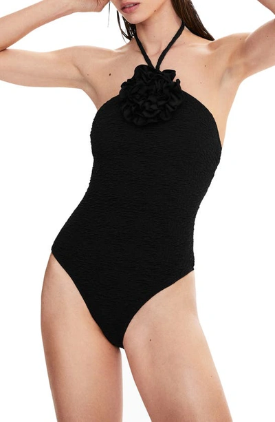 Mango Textured Swimsuit Black In Black