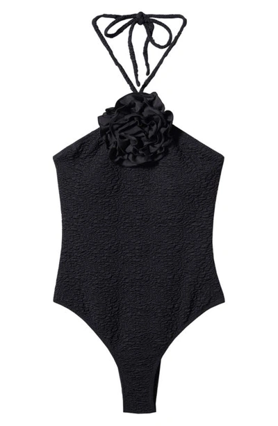 Mango Textured Swimsuit Black In Black