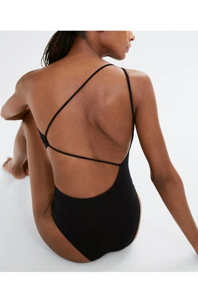 Shop Mango Cutout Strappy One-shoulder One-piece Swimsuit In Black