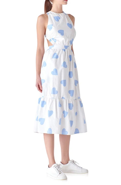 Shop English Factory Heart Shape Crossback Midi Dress In White/blue