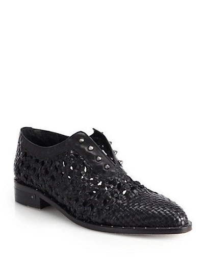 Shop Freda Salvador Wish Studded Woven Leather Loafers In Black