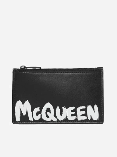 Shop Alexander Mcqueen Zip Coin Leather Card Holder In Black,white