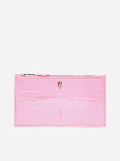Shop Alexander Mcqueen Skull Leather Zip Card Holder In Fluo Pink