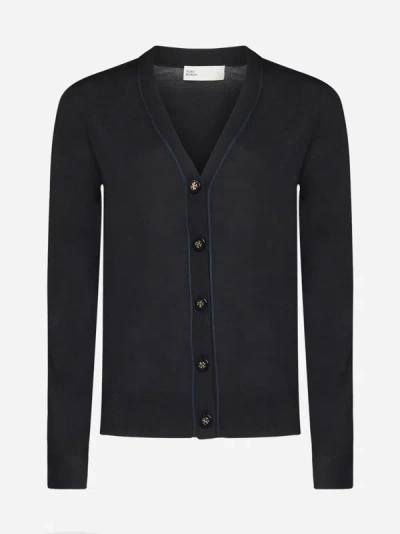 Shop Tory Burch Simone Wool And Silk Cardigan In Black