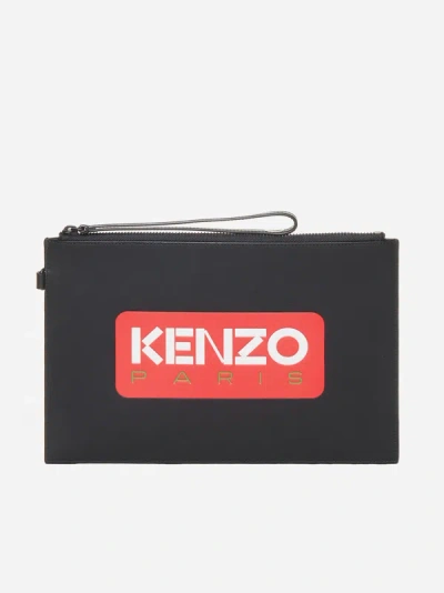 Shop Kenzo Logo Large Leather Clutch Bag In Black