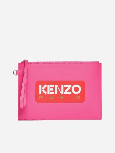 Shop Kenzo Logo Leather Large Clutch Bag In Fuchsia