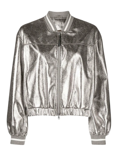 Brunello Cucinelli Laminated Leather Bomber Jacket Puffer Jackets Silver In Metallic