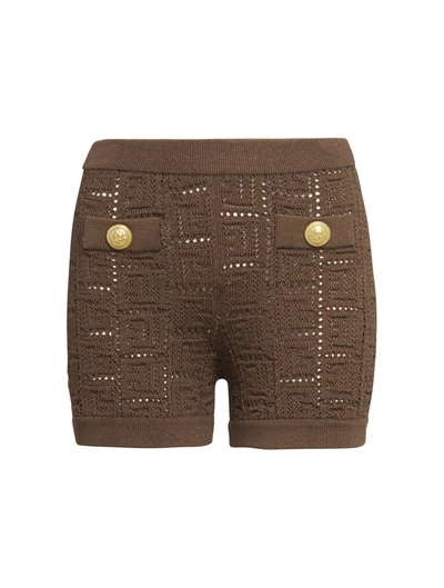 Shop Balmain Monogram Mesh Knited Shorts In Brown