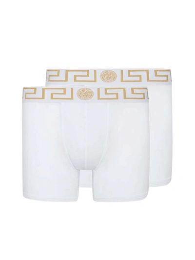 Shop Versace Set 2 Long Adherent Boxers With Greek Border In White