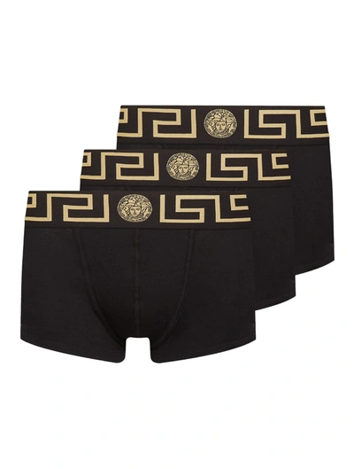 Shop Versace Set Of 3 Fitted Boxers With Greek Edge In Black