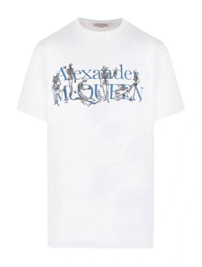 Shop Alexander Mcqueen Skeleton Logo Printed / Embroidered Cotton T-shirt In White