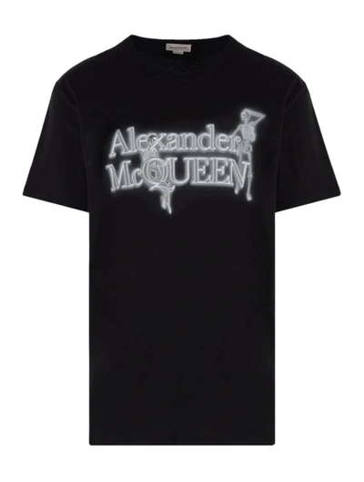Shop Alexander Mcqueen Skull Lettering Logo Printed Cotton T-shirt In Black