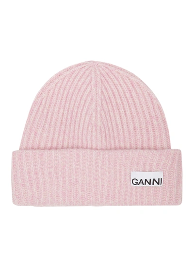 Ganni Light Pink Fitted Rib Knit Wool Beanie In Pink & Purple