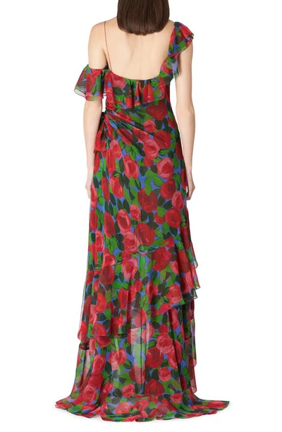 Shop Carolina Herrera Rose Print Ruffle One Shoulder Silk Gown In Red Multi Color