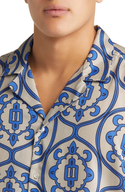Shop Les Deux Ornament Short Sleeve Tencel® Button-up Shirt In Ivory/ Palace Blue
