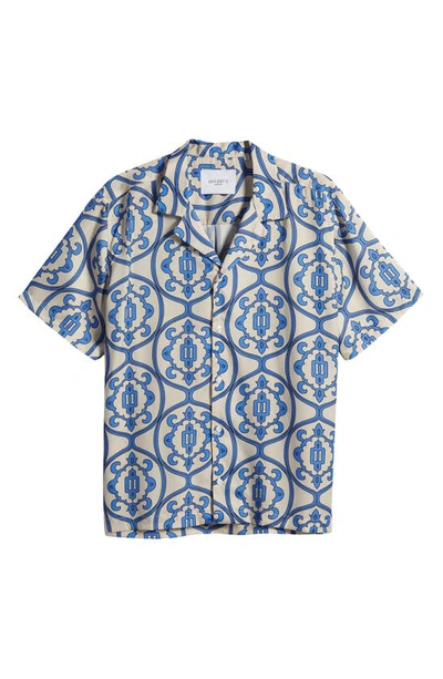 Shop Les Deux Ornament Short Sleeve Tencel® Button-up Shirt In Ivory/ Palace Blue
