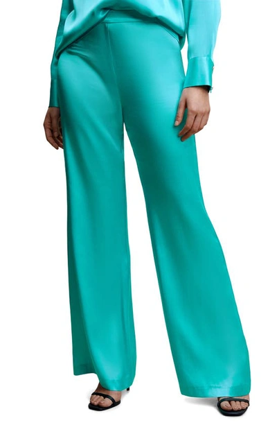 Shop Mango Satin Palazzo Pants In Turquoise