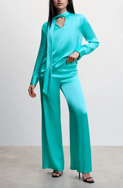 Shop Mango Satin Palazzo Pants In Turquoise