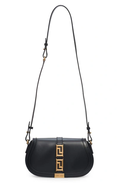 Shop Versace Medium Greca Goddess Leather Shoulder Bag In Black- Gold