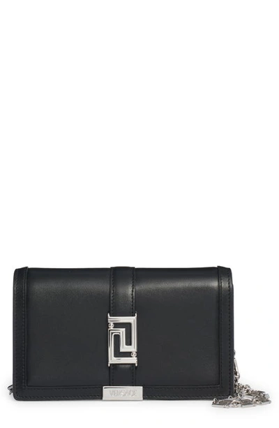 Shop Versace Greca Goddess Leather Clutch In Black/ Palladium