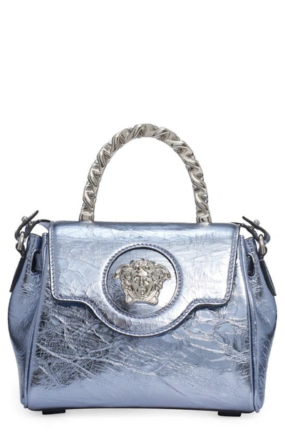 Shop Versace Mini La Medusa Metallic Leather Top Handle Bag In Lavendar/ Palladium