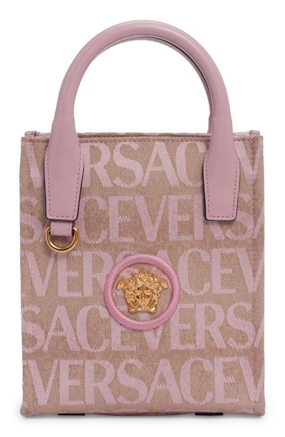 Shop Versace Mini La Medusa Logo Print Canvas Tote In Beige/ Baby Pink New/ Gold