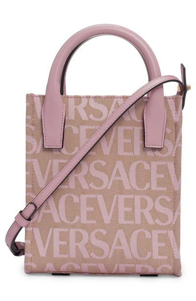 Shop Versace Mini La Medusa Logo Print Canvas Tote In Beige/ Baby Pink New/ Gold