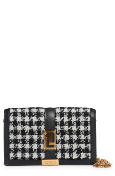 Shop Versace Greca Goddess Check Wallet On A Chain In Black/ White/ Gold