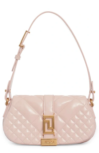 Shop Versace Mini Greca Goddess Quilted Leather Shoulder Bag In Powder Blush/  Gold