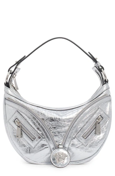 Shop Versace Small Repeat Metallic Leather Hobo Bag In Silver/ Palladium