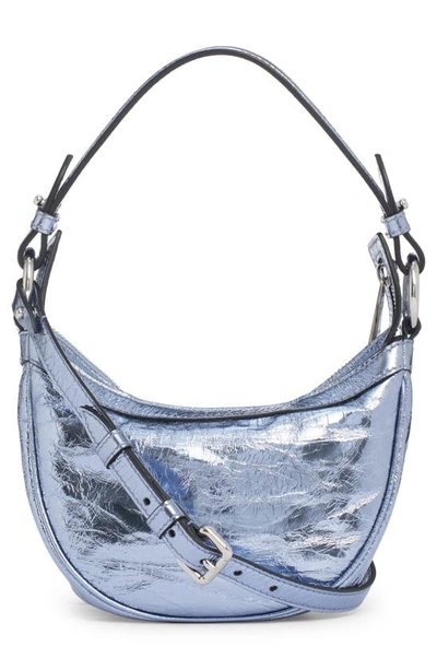 Shop Versace Small Repeat Metallic Leather Hobo Bag In Lavendar/ Palladium