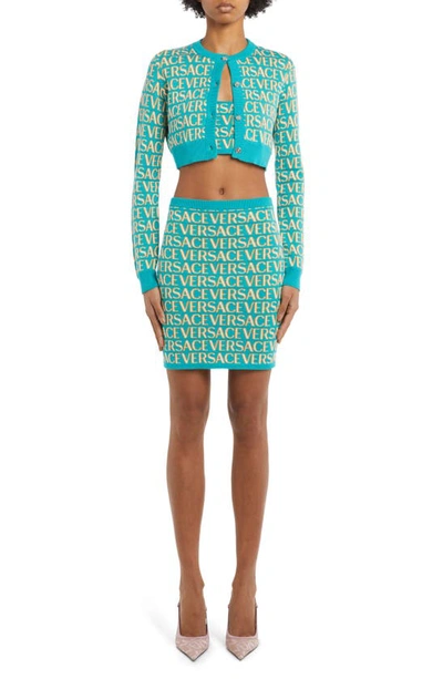 Shop Versace Logo Jacquard Sweater Skirt In 5v540 Turquoise Light Blue