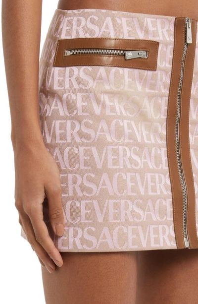 Shop Versace Logo Jacquard Exposed Zip Canvas Skirt In 2pl50 Pale Pink Beige