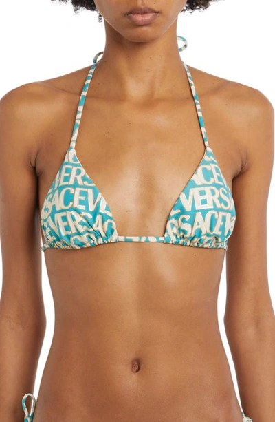 Shop Versace Metallic Logo Print Triangle Bikini Top In 5v550 Turquoise Avory