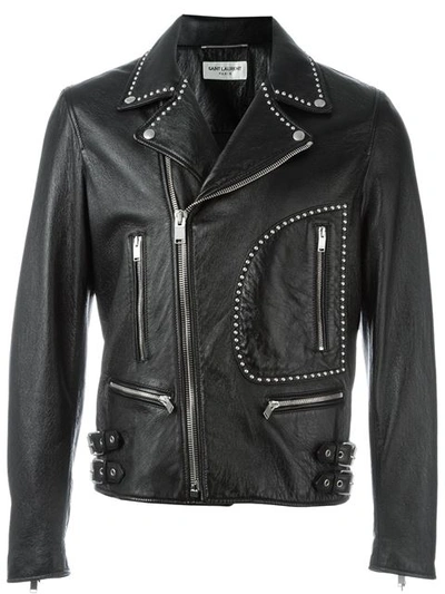 Saint Laurent Fringe Leather Moto Jacket In Black-grey