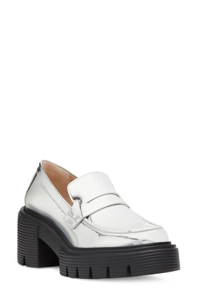 Stuart Weitzman Soho Patent Lug-sole Penny Loafers In Silver