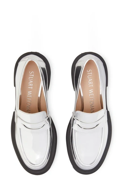 Stuart Weitzman Soho Patent Lug-sole Penny Loafers In Silver