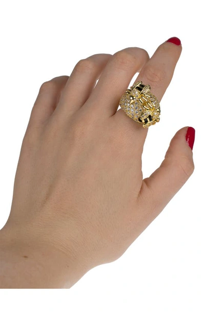 Shop Cz By Kenneth Jay Lane Cz Pavé Honey Bee Dome Ring In Clear/ Gold