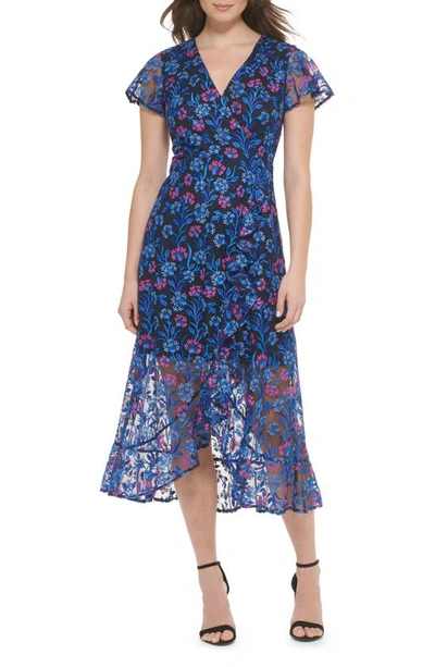 Shop Kensie Floral Embroidered Flutter Sleeve Midi Dress In Navy/ Fucshia