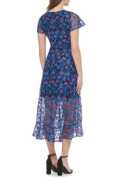 Shop Kensie Floral Embroidered Flutter Sleeve Midi Dress In Navy/ Fucshia