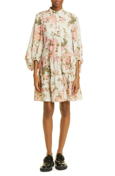 Shop Erdem Winona Floral Print Tiered Linen Dress In Soft Blossom Ecru