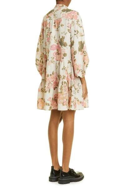 Shop Erdem Winona Floral Print Tiered Linen Dress In Soft Blossom Ecru