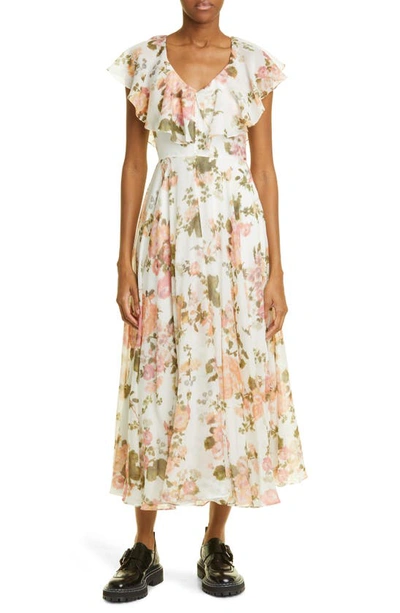 Shop Erdem Theophila Print Ruffle Neck Cotton & Silk Voile Dress In Soft Blossom Coral