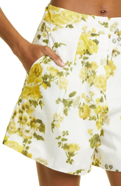 Shop Erdem Floral Print Tailored Cotton Poplin Shorts In Soft Blossom Yellow