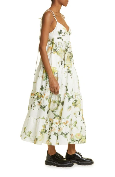 Shop Erdem Floral Print Tie Strap Linen Maxi Dress In Painted Bouquet White